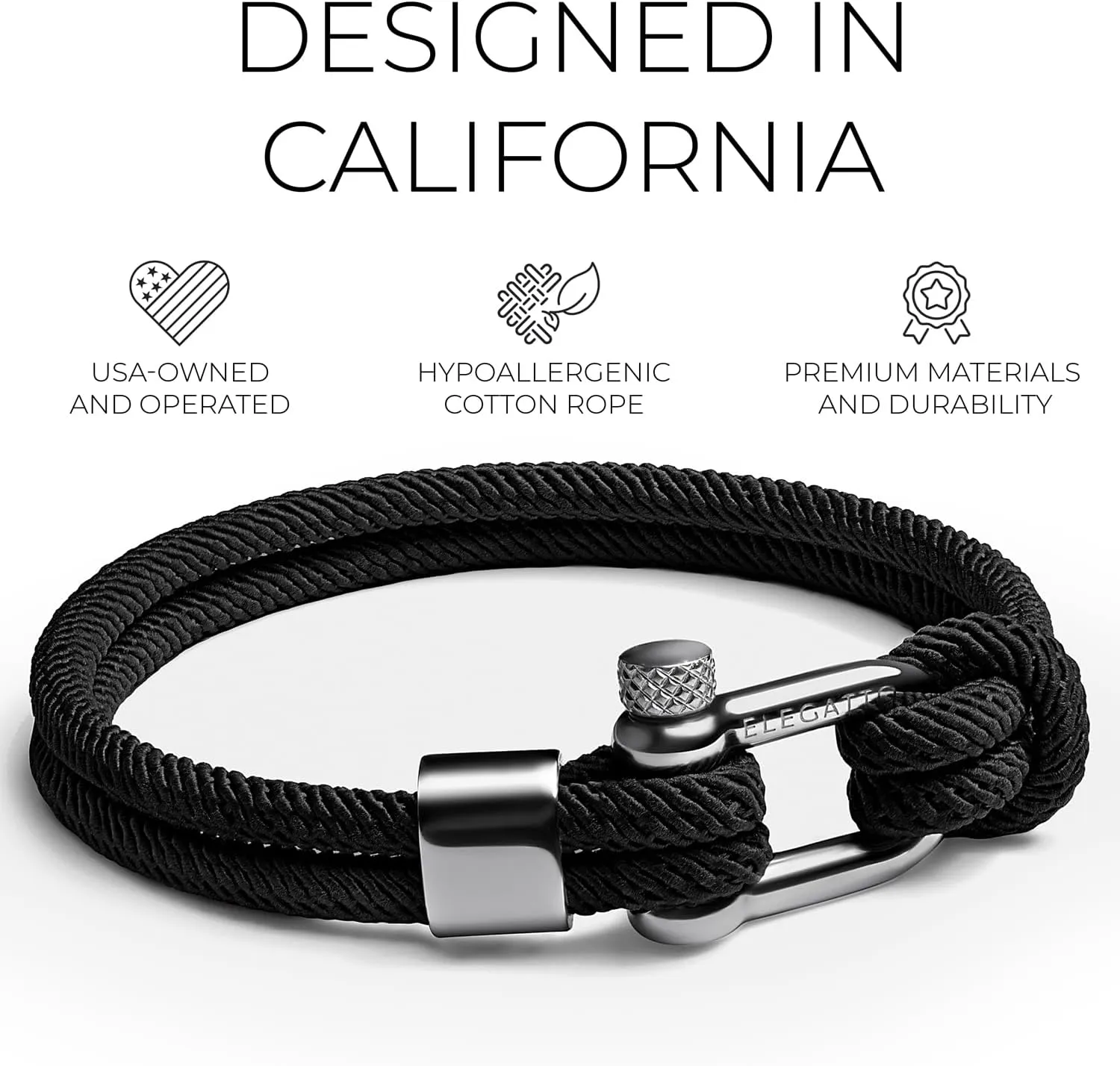 Elegatto Alchor Platinum Rope Bracelet for Men | Premium Nylon Marine Cord with Silver Polished Stainless Steel Shackle Closure | Waterproof and Fade-Resistant | Mens Designer Bracelets