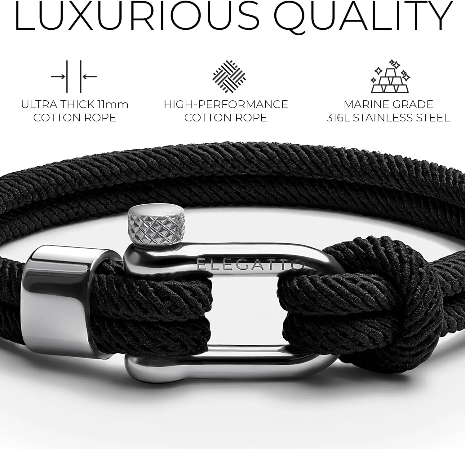 Elegatto Alchor Platinum Rope Bracelet for Men | Premium Nylon Marine Cord with Silver Polished Stainless Steel Shackle Closure | Waterproof and Fade-Resistant | Mens Designer Bracelets