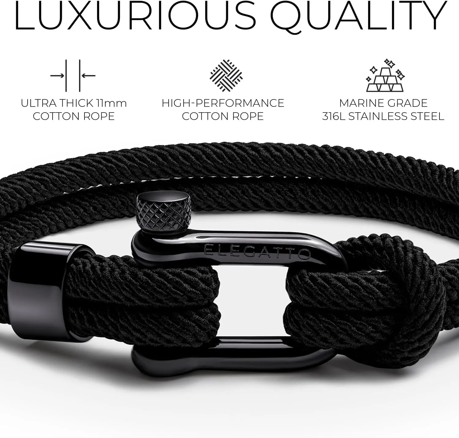 Elegatto Alchor Platinum Rope Bracelet for Men | Premium Nylon Marine Cord with Silver Polished Stainless Steel Shackle Closure | Waterproof and Fade-Resistant | Mens Designer Bracelets