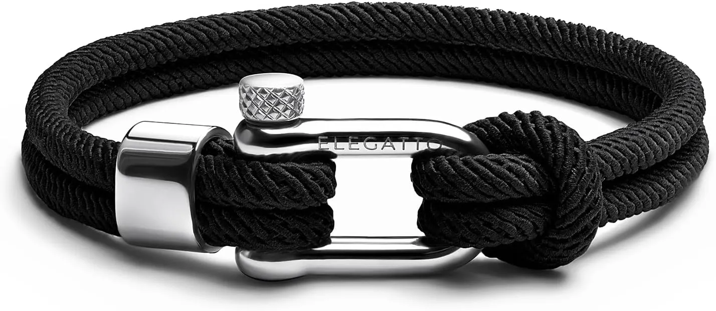 Elegatto Alchor Platinum Rope Bracelet for Men | Premium Nylon Marine Cord with Silver Polished Stainless Steel Shackle Closure | Waterproof and Fade-Resistant | Mens Designer Bracelets