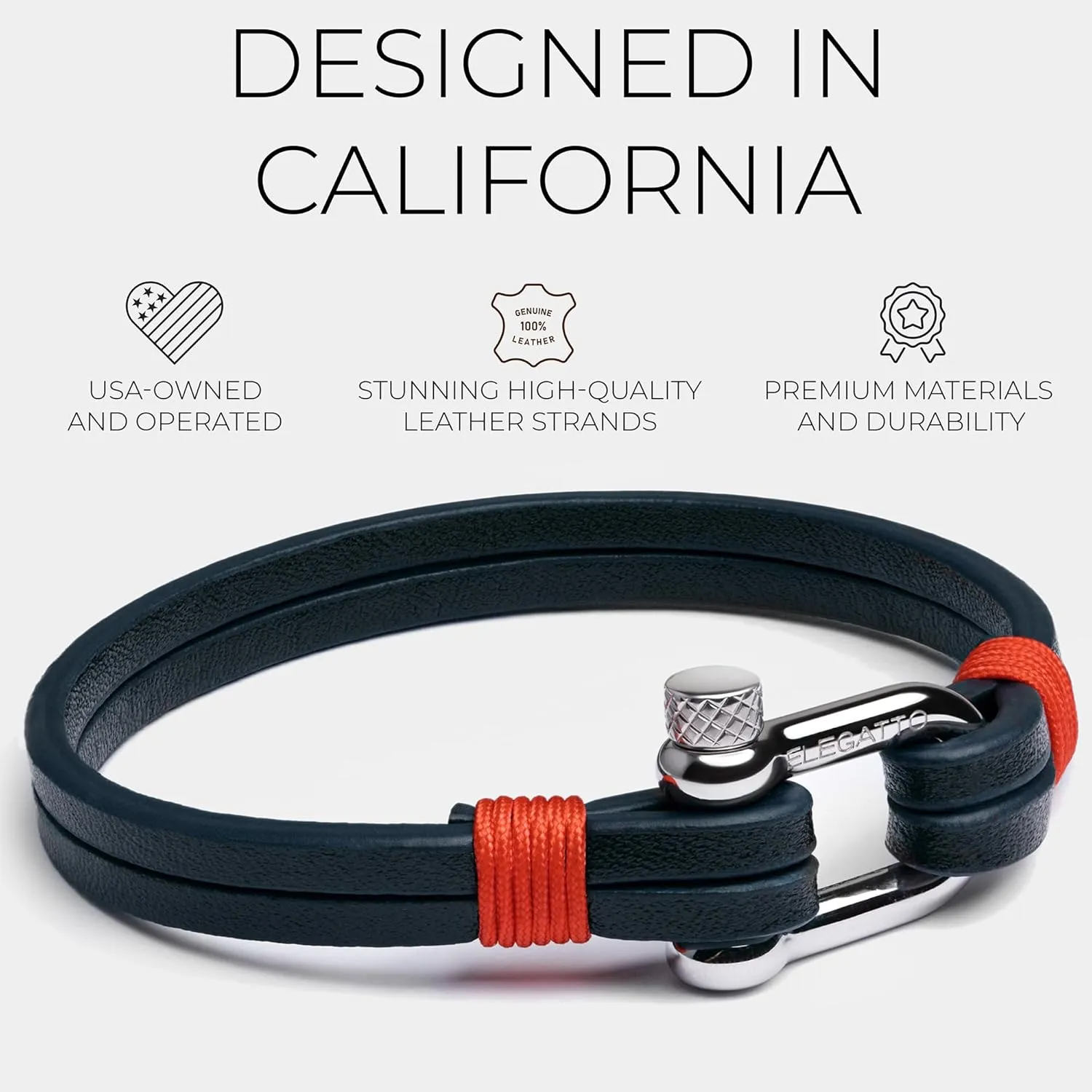 Elegatto Kellmore Premium Leather Bracelet for Men | Double Full-Grain Leather with Silver Polished Stainless Steel Shackle Closure | Mens Designer Bracelet