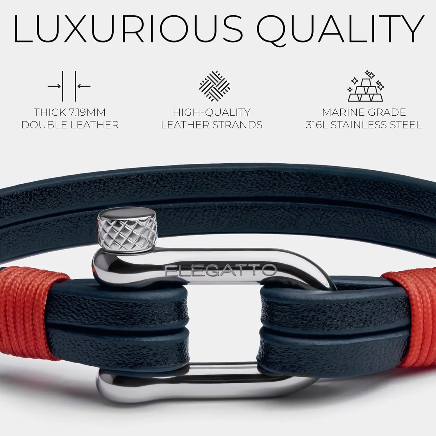 Elegatto Kellmore Premium Leather Bracelet for Men | Double Full-Grain Leather with Silver Polished Stainless Steel Shackle Closure | Mens Designer Bracelet