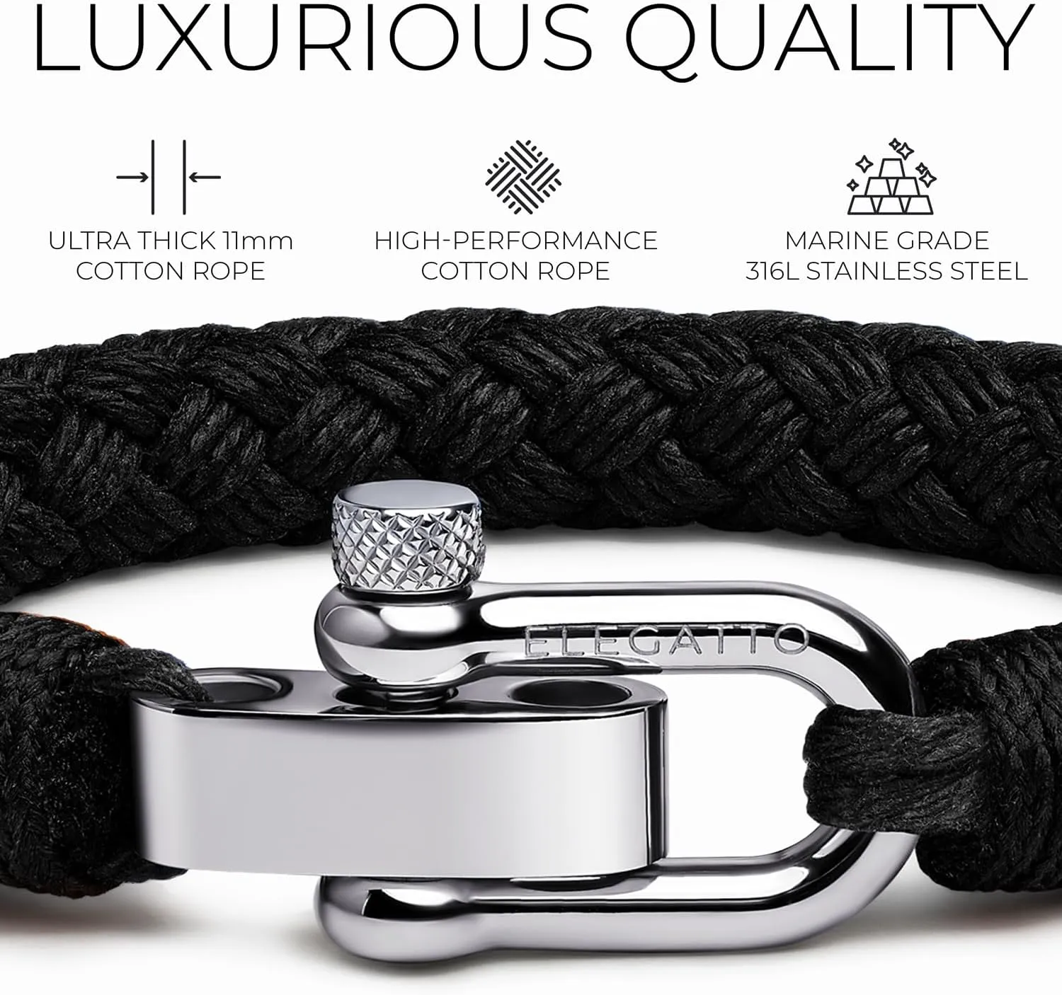 Elegatto Pelagus Premium Rope Bracelet for Men | Designed in California | High-Performance Cotton with Stainless Steel Shackle Closure | Mens Designer Bracelets