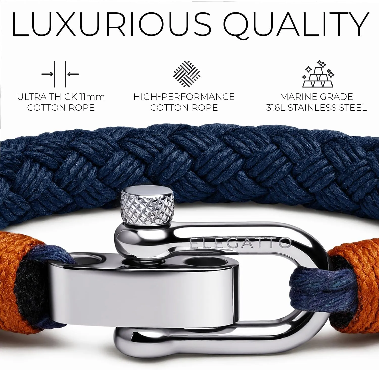 Elegatto Pelagus Premium Rope Bracelet for Men | Designed in California | High-Performance Cotton with Stainless Steel Shackle Closure | Mens Designer Bracelets