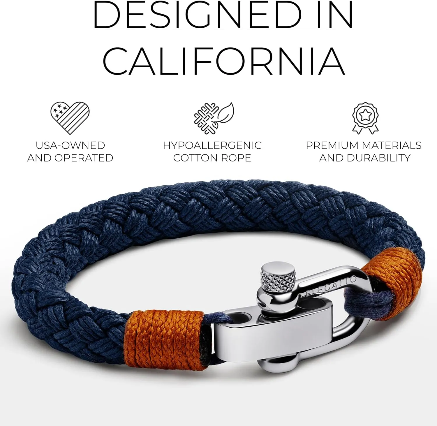 Elegatto Pelagus Premium Rope Bracelet for Men | Designed in California | High-Performance Cotton with Stainless Steel Shackle Closure | Mens Designer Bracelets