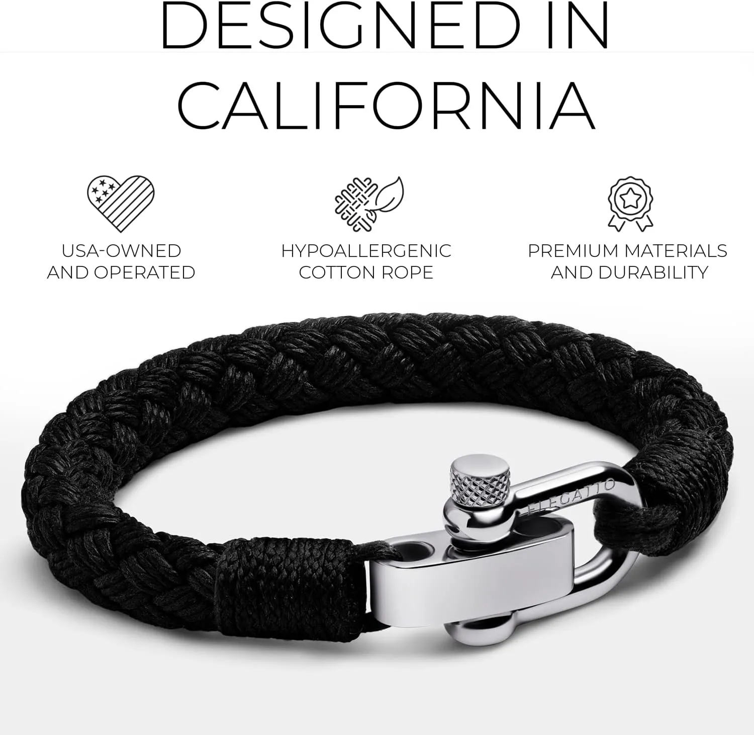 Elegatto Pelagus Premium Rope Bracelet for Men | Designed in California | High-Performance Cotton with Stainless Steel Shackle Closure | Mens Designer Bracelets