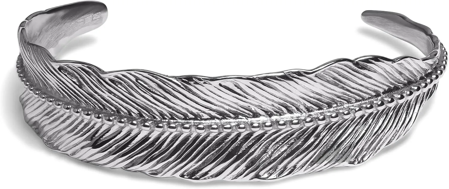 Elegatto Premium Feather Silver Cuff Bracelet for Men | Marine-Grade Stainless Steel with Hand Etched Detailing | Mens Designer Jewelry | S to M