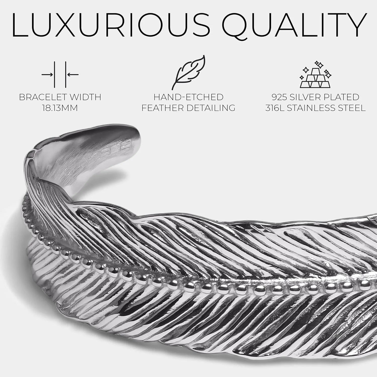 Elegatto Premium Feather Silver Cuff Bracelet for Men | Marine-Grade Stainless Steel with Hand Etched Detailing | Mens Designer Jewelry | S to M