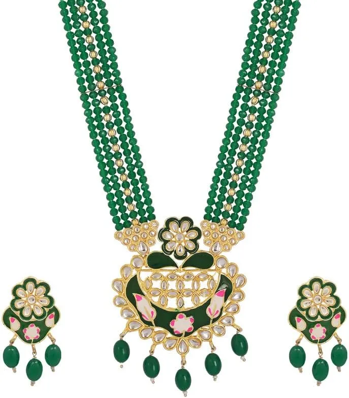 Ethnic Bridal Gold-Finish Pearl Crystal Necklace | Jhumka Earrings Set for Women | Traditional Indian Jewellery for Weddings, Festivals & Anniversaries