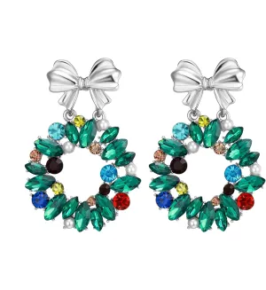 EVER FAITH Fashion Wreath Earrings for Holiday Party, Hypoallergenic Stylish Marquise Rhinestone Bowknot Dangle Pierced Earring Christmas Jewelry Gifts for Women