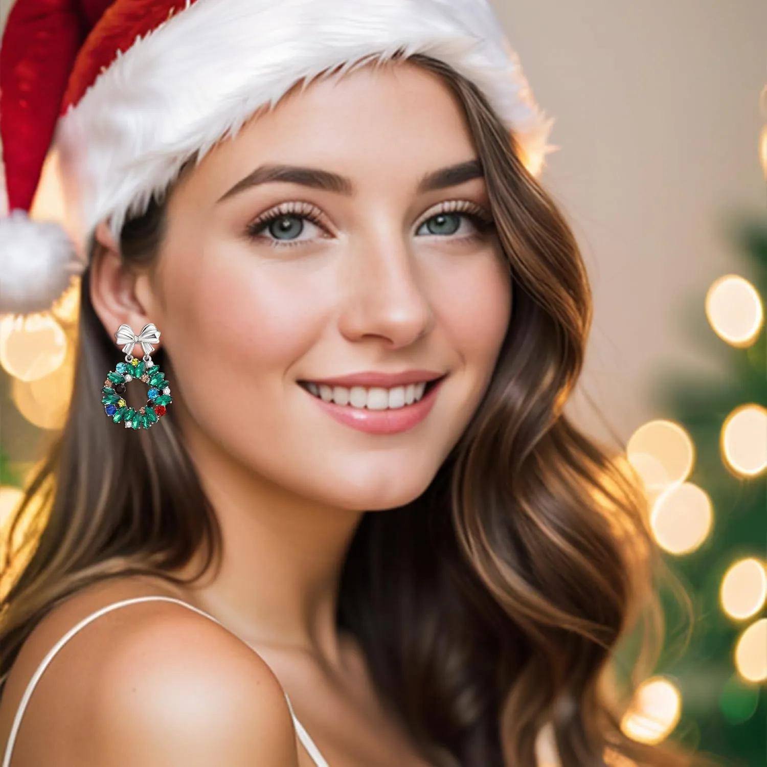 EVER FAITH Fashion Wreath Earrings for Holiday Party, Hypoallergenic Stylish Marquise Rhinestone Bowknot Dangle Pierced Earring Christmas Jewelry Gifts for Women