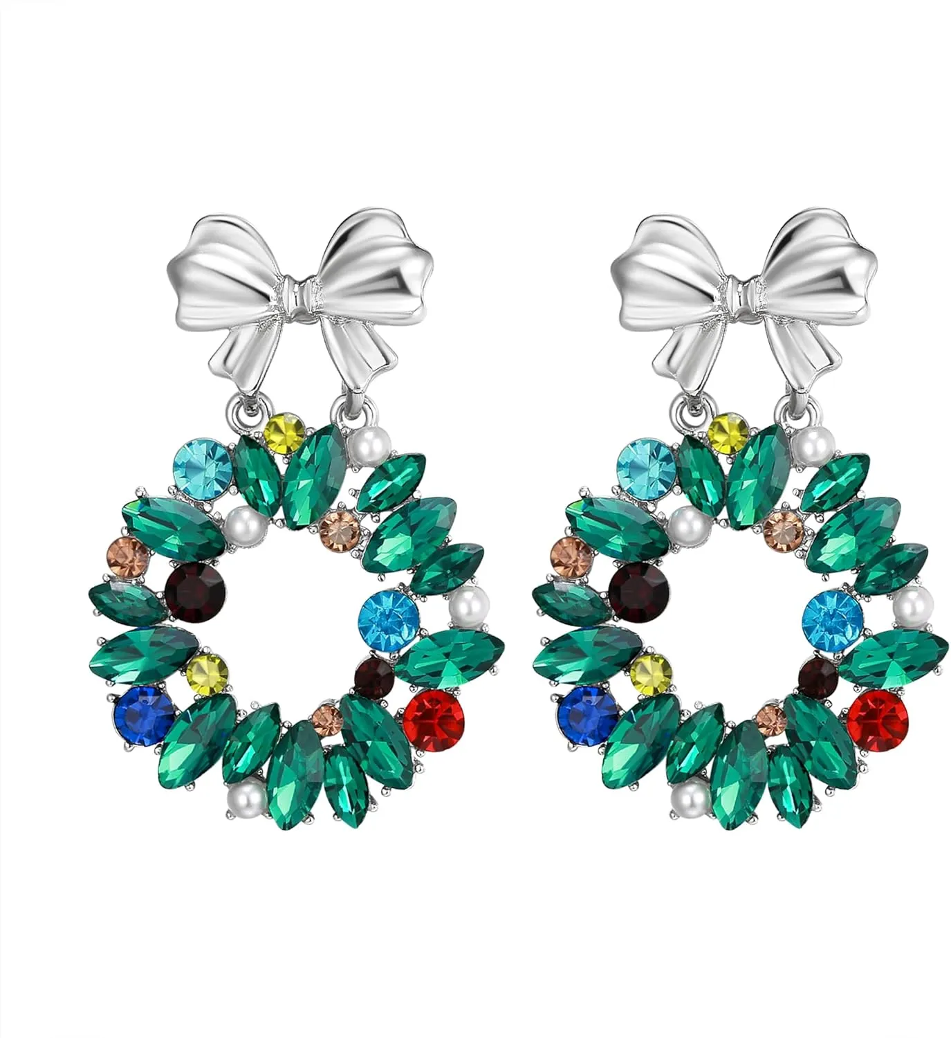 EVER FAITH Fashion Wreath Earrings for Holiday Party, Hypoallergenic Stylish Marquise Rhinestone Bowknot Dangle Pierced Earring Christmas Jewelry Gifts for Women
