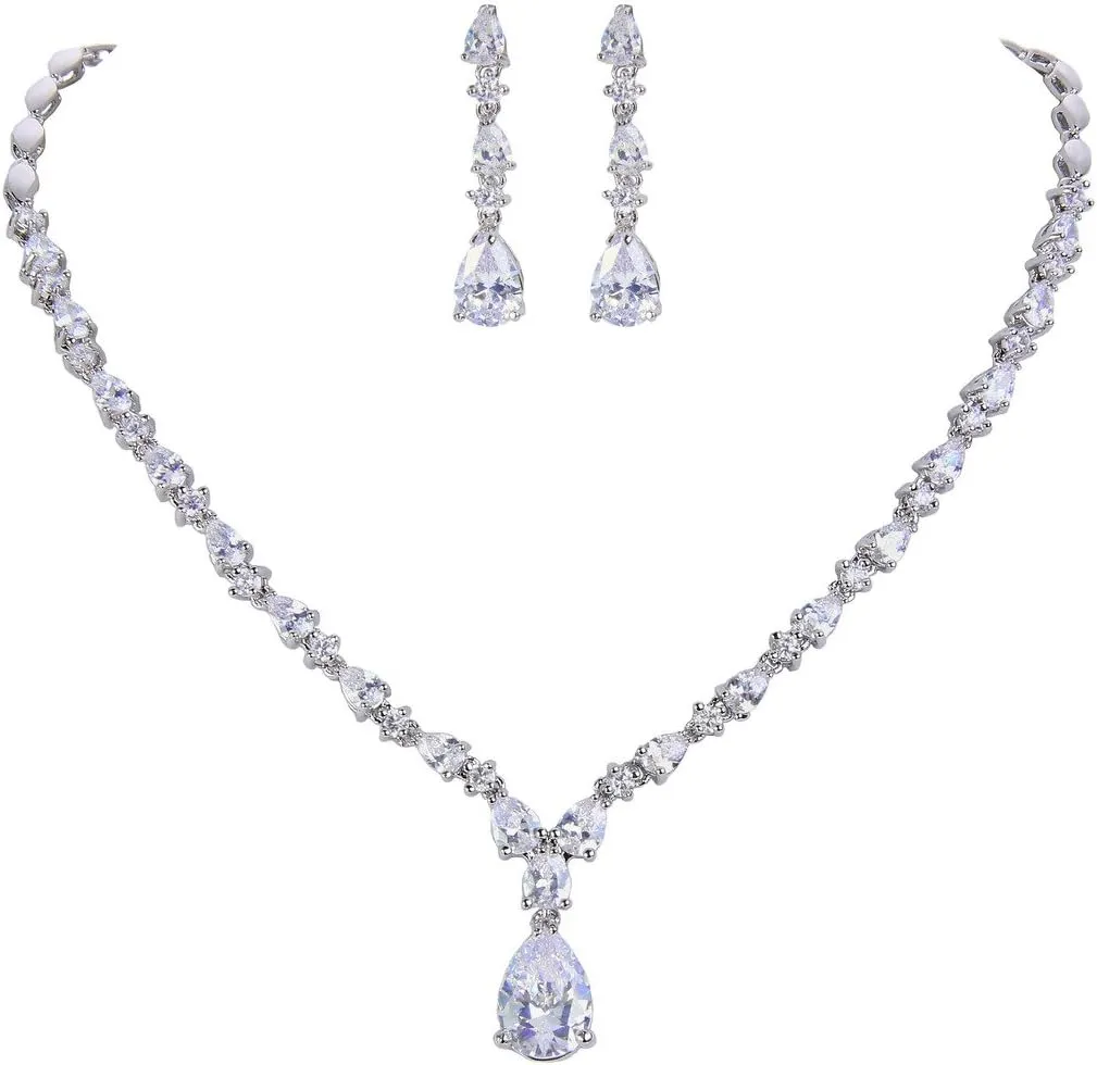 EVER FAITH Gorgeous Cubic Zirconia Charming Water Drop Bridal Bride Necklace Earrings Set Silver-Tone