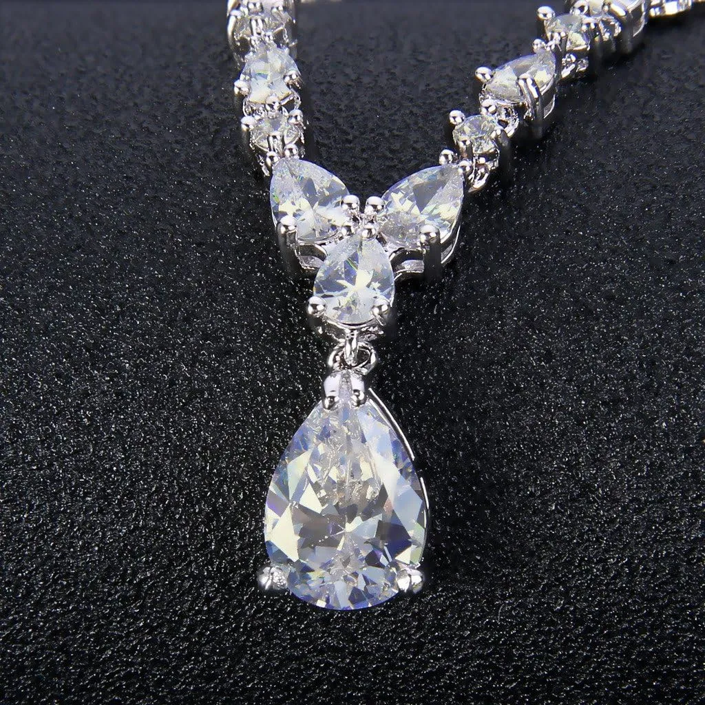 EVER FAITH Gorgeous Cubic Zirconia Charming Water Drop Bridal Bride Necklace Earrings Set Silver-Tone