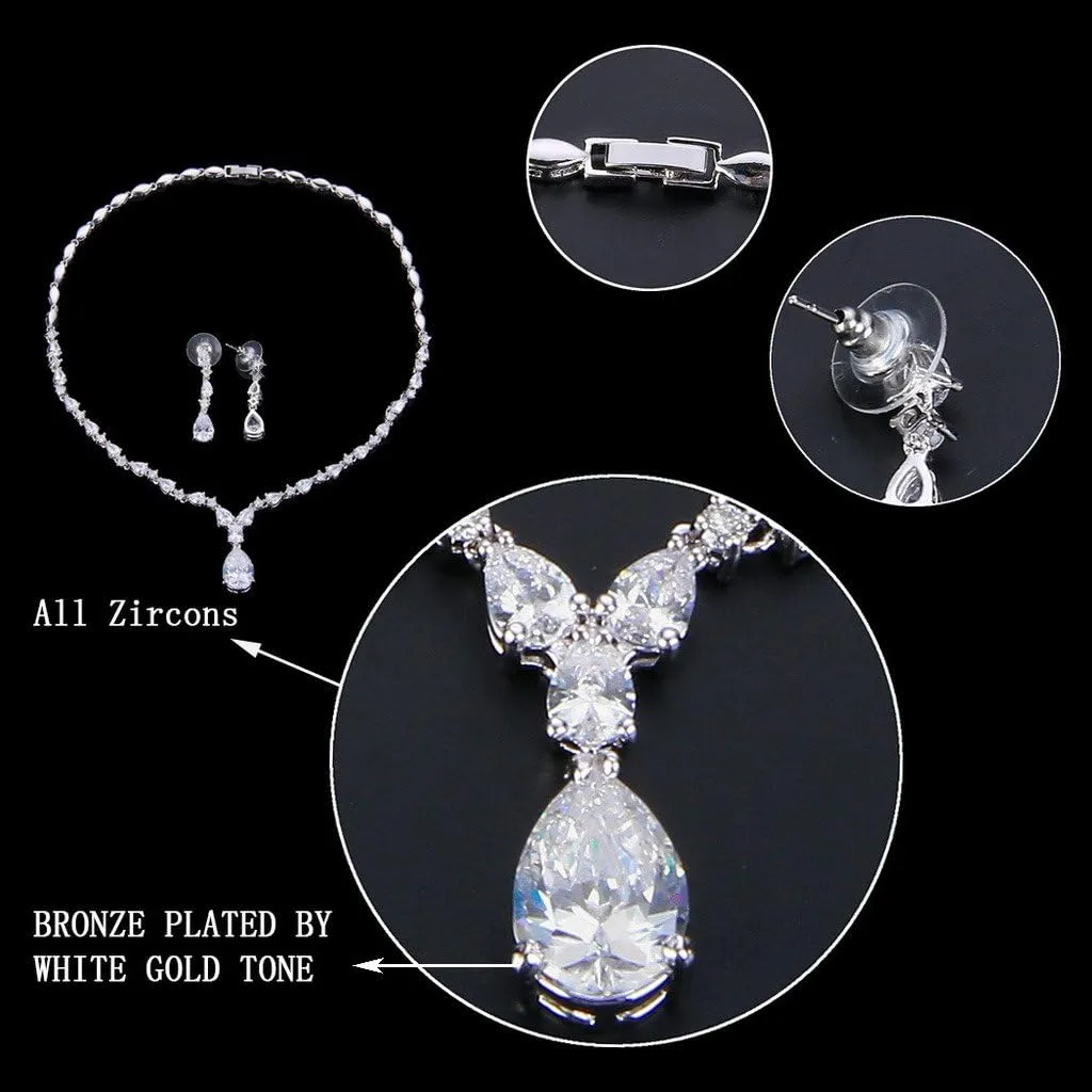 EVER FAITH Gorgeous Cubic Zirconia Charming Water Drop Bridal Bride Necklace Earrings Set Silver-Tone