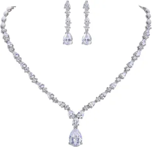EVER FAITH Gorgeous Cubic Zirconia Charming Water Drop Bridal Bride Necklace Earrings Set Silver-Tone