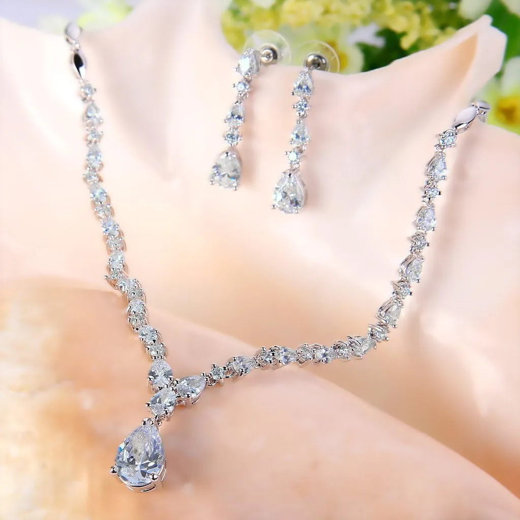 EVER FAITH Gorgeous Cubic Zirconia Charming Water Drop Bridal Bride Necklace Earrings Set Silver-Tone