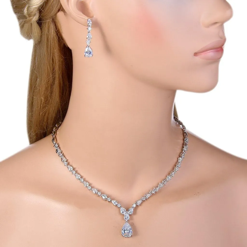 EVER FAITH Gorgeous Cubic Zirconia Charming Water Drop Bridal Bride Necklace Earrings Set Silver-Tone