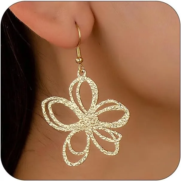 Exquisite Big Gold Flower Hoop Earrings for Women Trendy, Gold Floral Earrings Exaggerated Large Flower Frame Drop Dangle Hook Earrings Jewelry Gifts