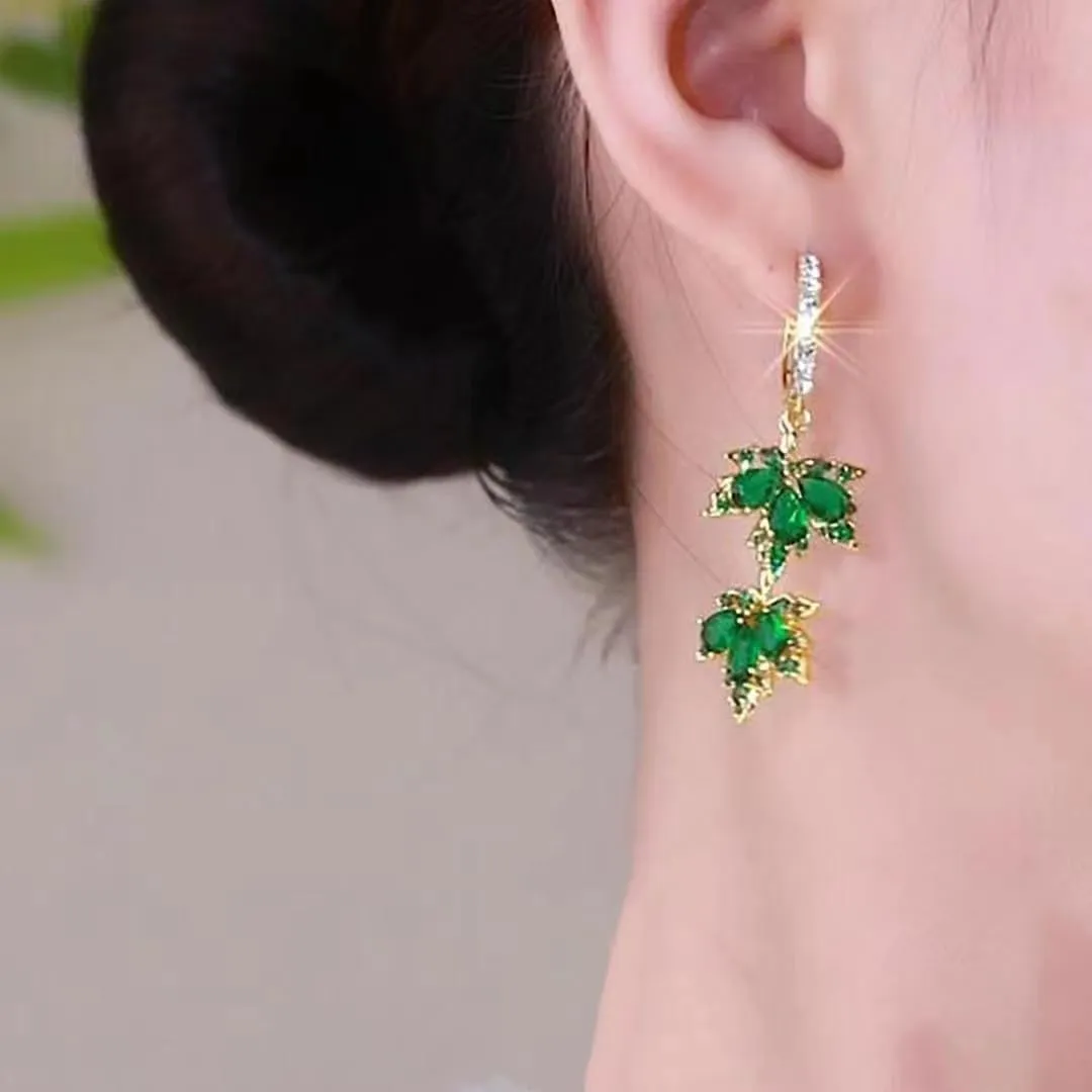 Exquisite Maple Leaf Dangle Hoop Earrings Cubic Zirconia Red Crystal Leaves Fall Drop Dangling Cartilage Small Huggie Hoops Earring Dainty Jewelry Gifts Thanksgiving