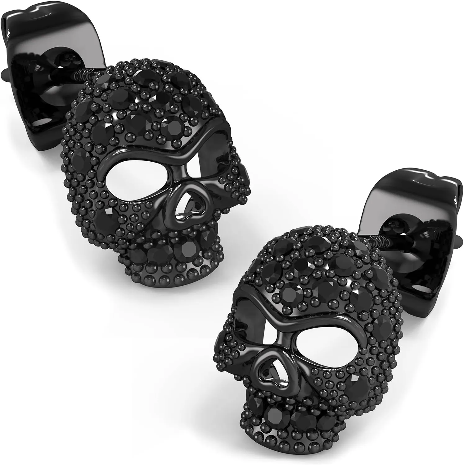 Exquisite Skull Earrings, Sterling Silver Post Cubic Zirconia Stud Earrings for Women men, Hypoallergenic Goth Jewelry, Gold, Black Stones