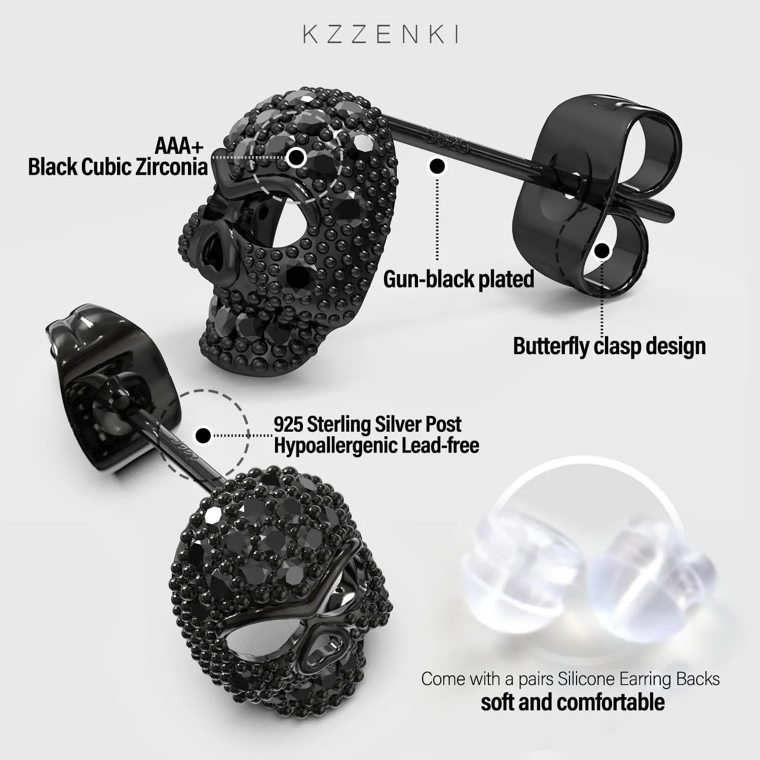 Exquisite Skull Earrings, Sterling Silver Post Cubic Zirconia Stud Earrings for Women men, Hypoallergenic Goth Jewelry, Gold, Black Stones