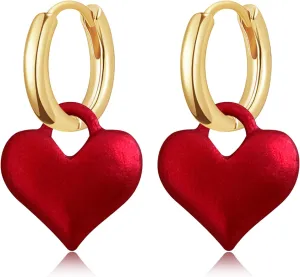 Exquisite Unique Red Matte Heart Hoop Huggie Earrings Minimalist Creative Elegant Red Love Heart Alloy Hoop Dangle Drop Earrings for Women Jewelry Gifts