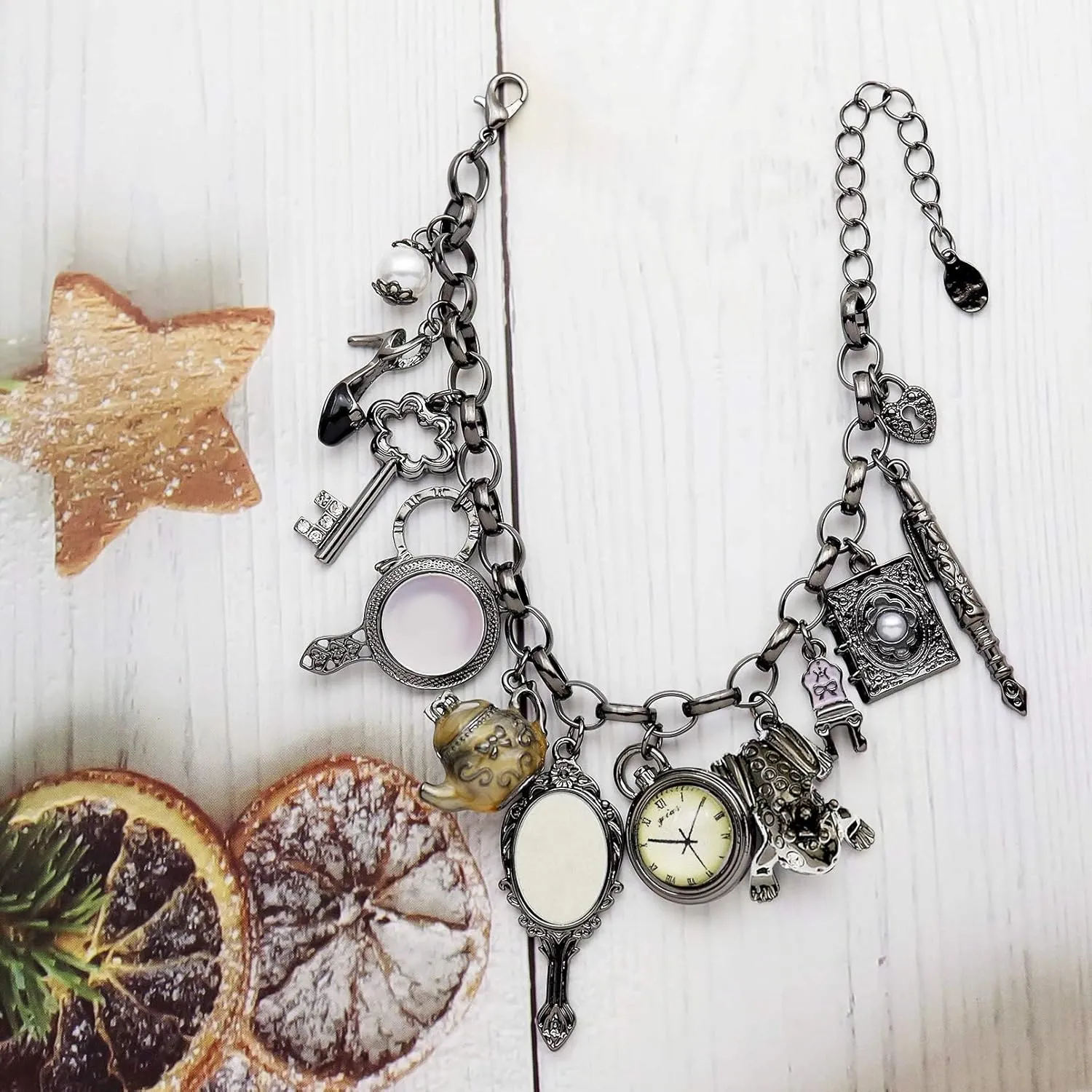 Fairytale Lucky Charms Link Chain Cuff Bangle Bracelet Wonderland Style Frog Mirror Clock Heart Teapot Pendants Party Friendship Gift