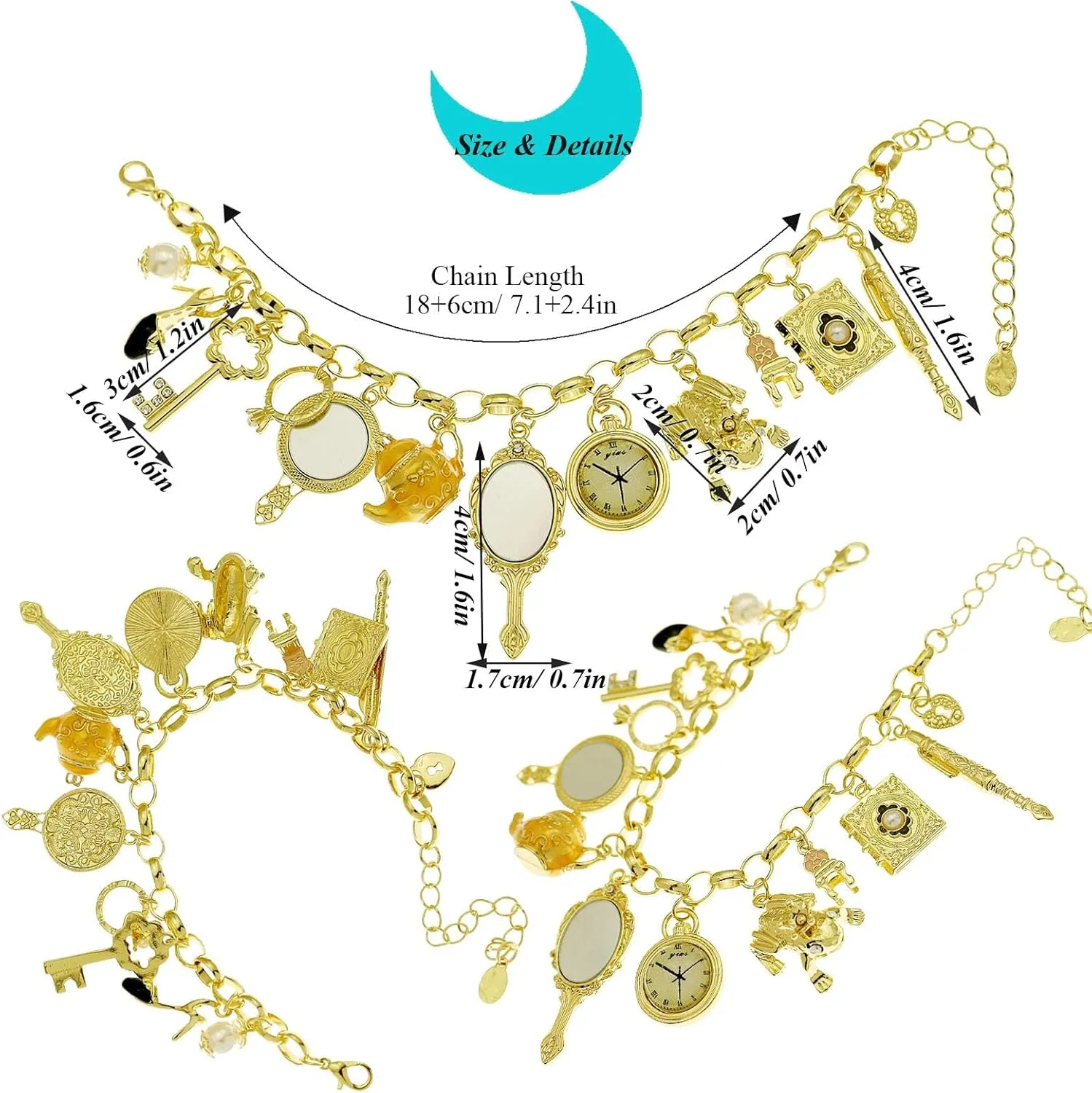 Fairytale Lucky Charms Link Chain Cuff Bangle Bracelet Wonderland Style Frog Mirror Clock Heart Teapot Pendants Party Friendship Gift