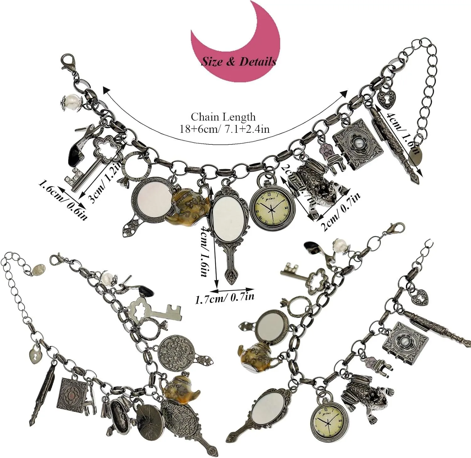 Fairytale Lucky Charms Link Chain Cuff Bangle Bracelet Wonderland Style Frog Mirror Clock Heart Teapot Pendants Party Friendship Gift