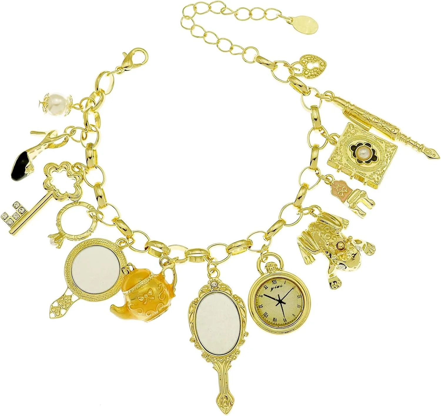 Fairytale Lucky Charms Link Chain Cuff Bangle Bracelet Wonderland Style Frog Mirror Clock Heart Teapot Pendants Party Friendship Gift