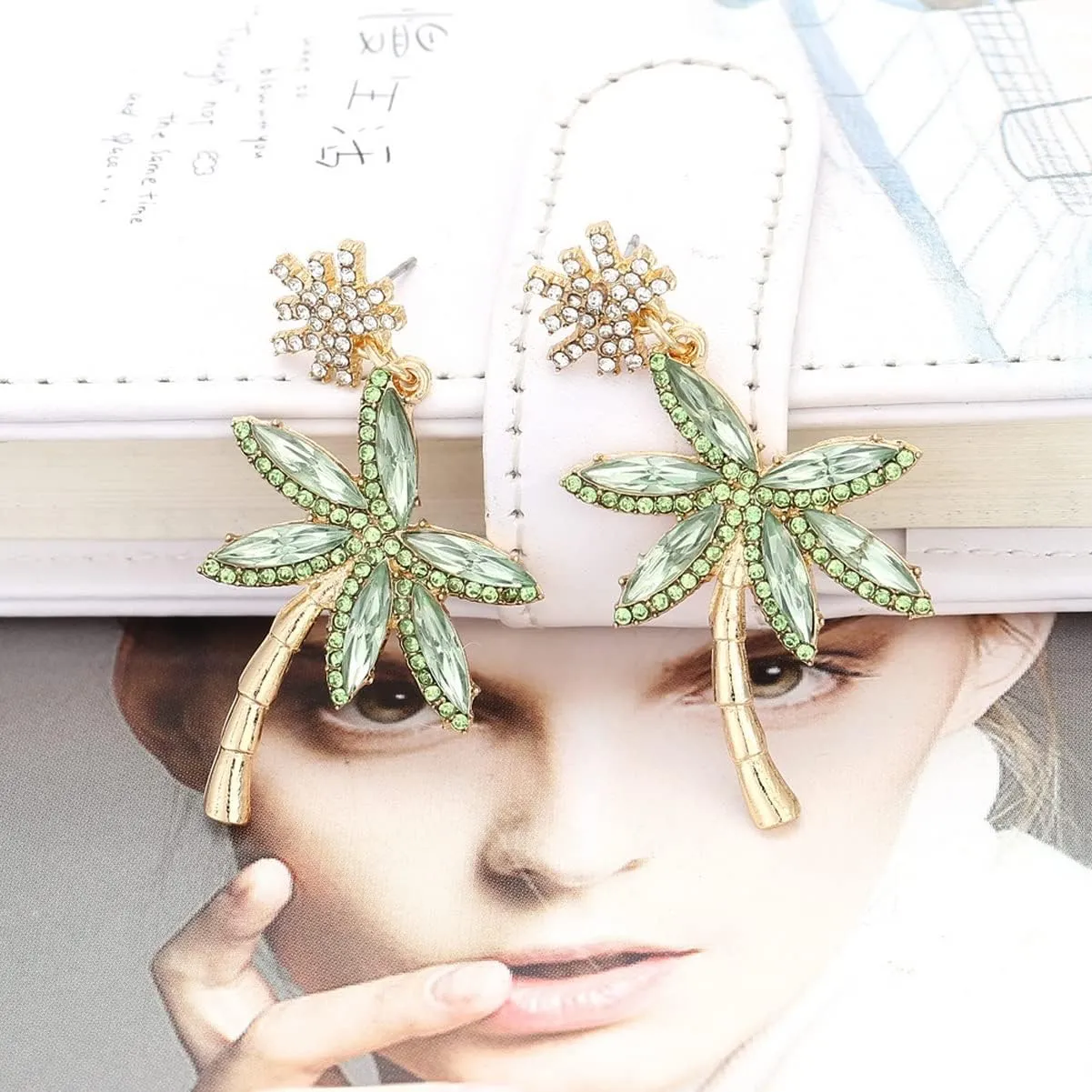 Fashion Trendy Palm Tree Earrings for Women,Bling Unique CZ Tropical Earrings Plant Leaf Drop Dangle Earrings,Funky Novelty Vacation Summer Boho Hawaiian Holiday Cute Jewelry