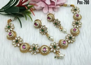 FE 283 Indian Jewelry New Bollywood Style Beautiful party wear necklace with gold with AD kundan & IMITATION PEARLS women Necklace with Earrings Fashion Set