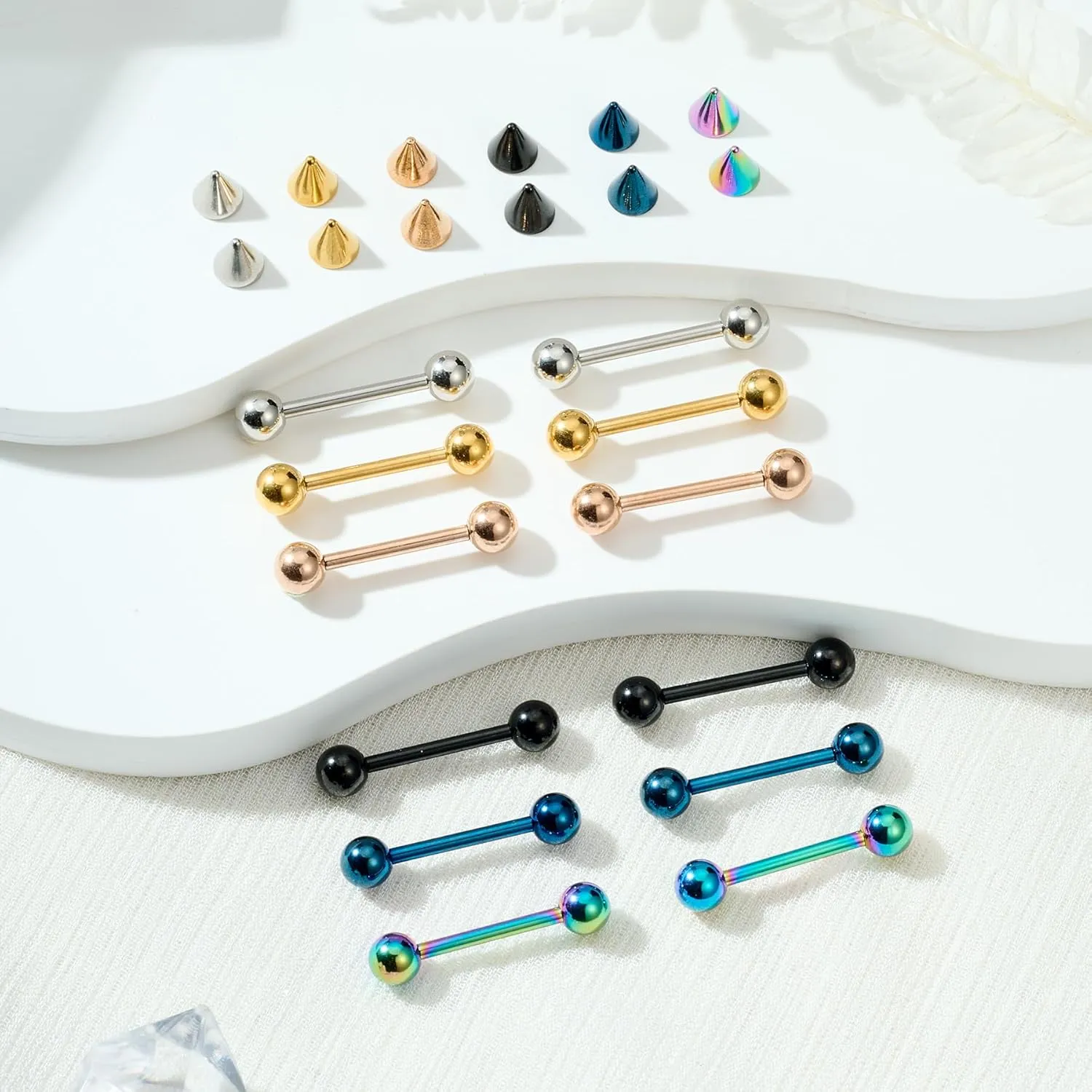 FECTAS 24PCS Tongue Nipple Piercing Jewelry Nipple Rings with Replacement Balls 14 Gauge Stainless Steel Tongue Rings Straight Barbell Bars Body Piercing Jewelry 14/16/18mm