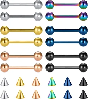FECTAS 24PCS Tongue Nipple Piercing Jewelry Nipple Rings with Replacement Balls 14 Gauge Stainless Steel Tongue Rings Straight Barbell Bars Body Piercing Jewelry 14/16/18mm