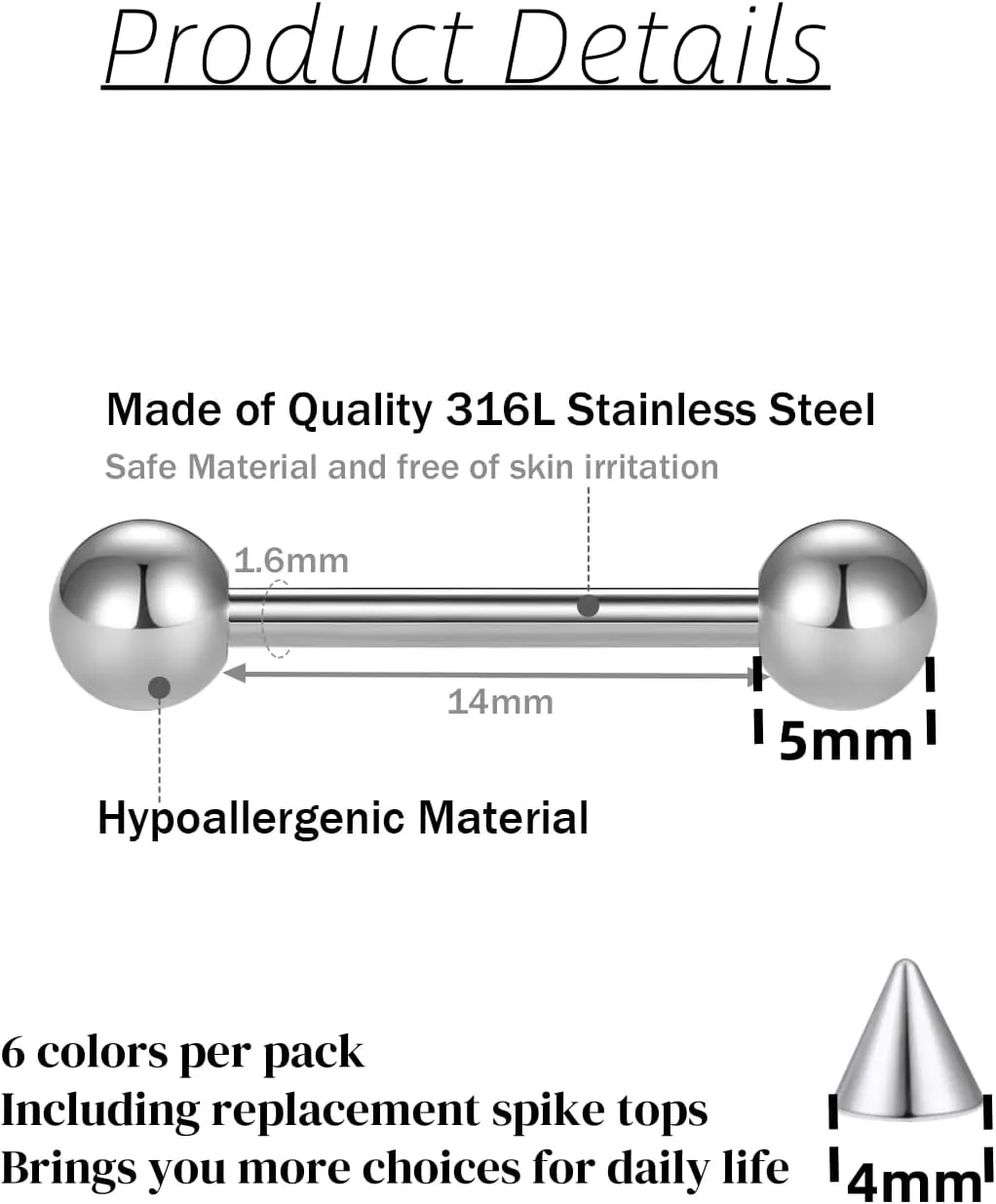 FECTAS 24PCS Tongue Nipple Piercing Jewelry Nipple Rings with Replacement Balls 14 Gauge Stainless Steel Tongue Rings Straight Barbell Bars Body Piercing Jewelry 14/16/18mm