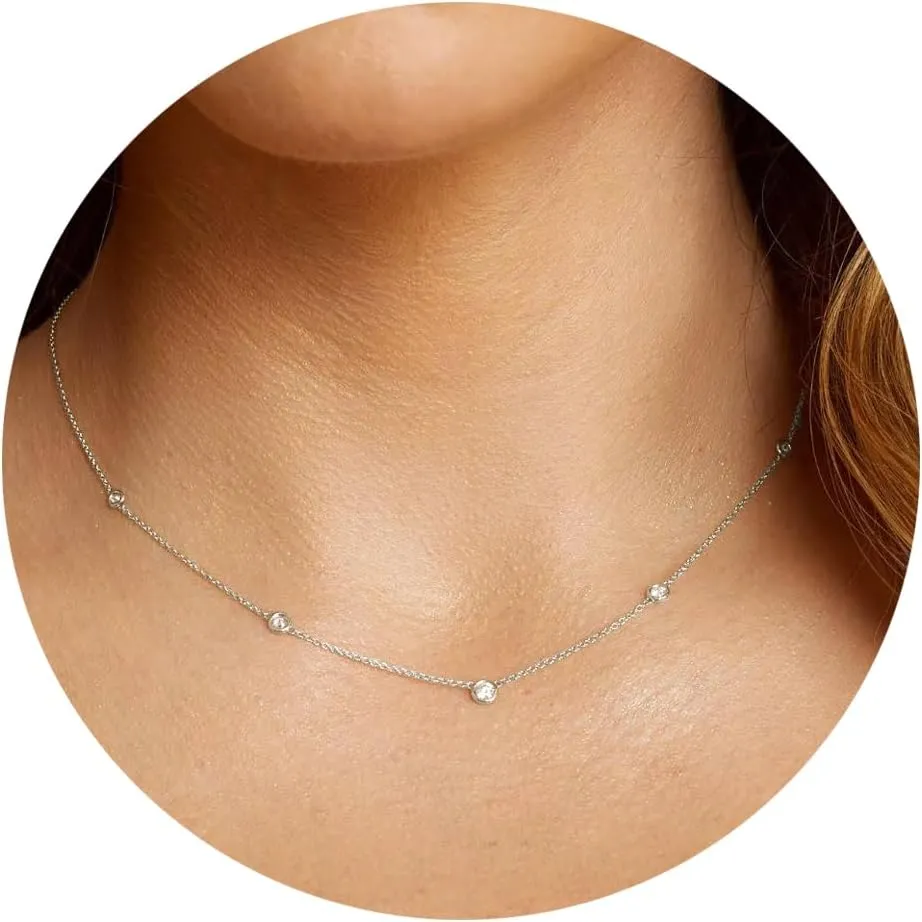 Fesciory Silver 5 Diamonds Rhinestone Necklaces for Women, Dainty Adjustable Cubic Zircon Diamond Necklace, Iced Out Jewelry Gifts