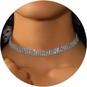 Fesciory Silver Rhinestone Tennis Necklaces for Women, Dainty Adjustable Layered Twist Rope Cubic Zircon Diamond Butterfly Necklace, Iced Out Heart Jewelry Gifts (4 Row Rhinestone)