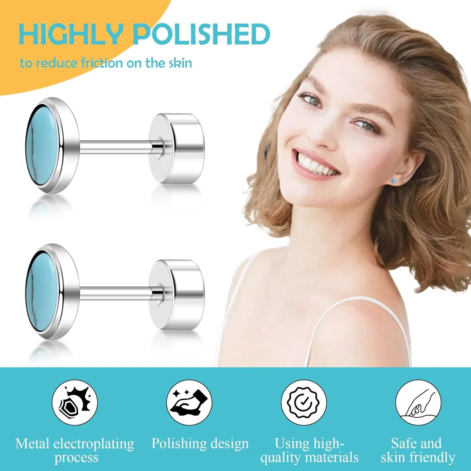 Flat Back Earrings for Women, G23 Titanium Hypoallergenic Onyx Earrings, Stone Flat Back Studs Earring for Multiple Piercings Flatback Earring Sensitive Ears