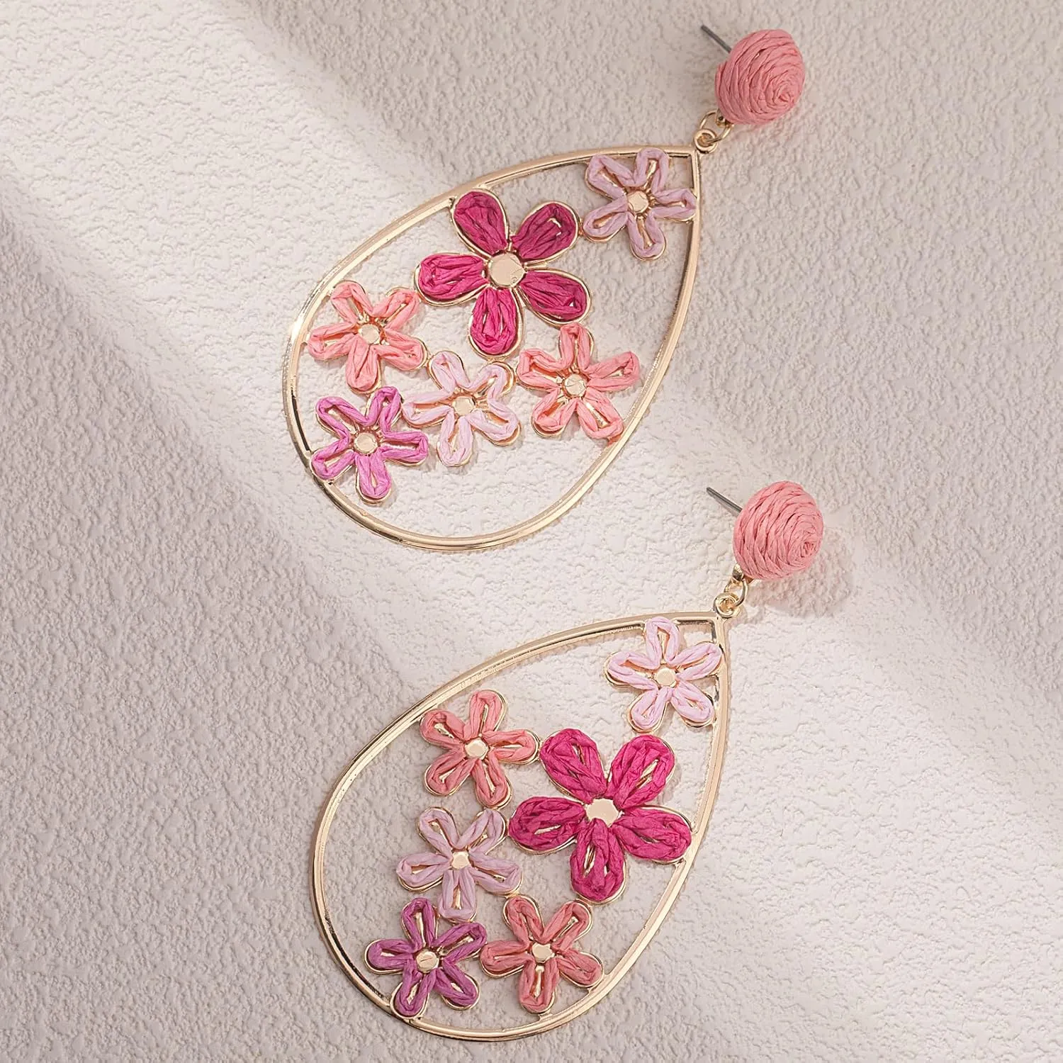 Flower Teardrop Earrings Boho Raffia Earrings Cute Floral Dangle Earrings Trendy Statement Jewelry for Women