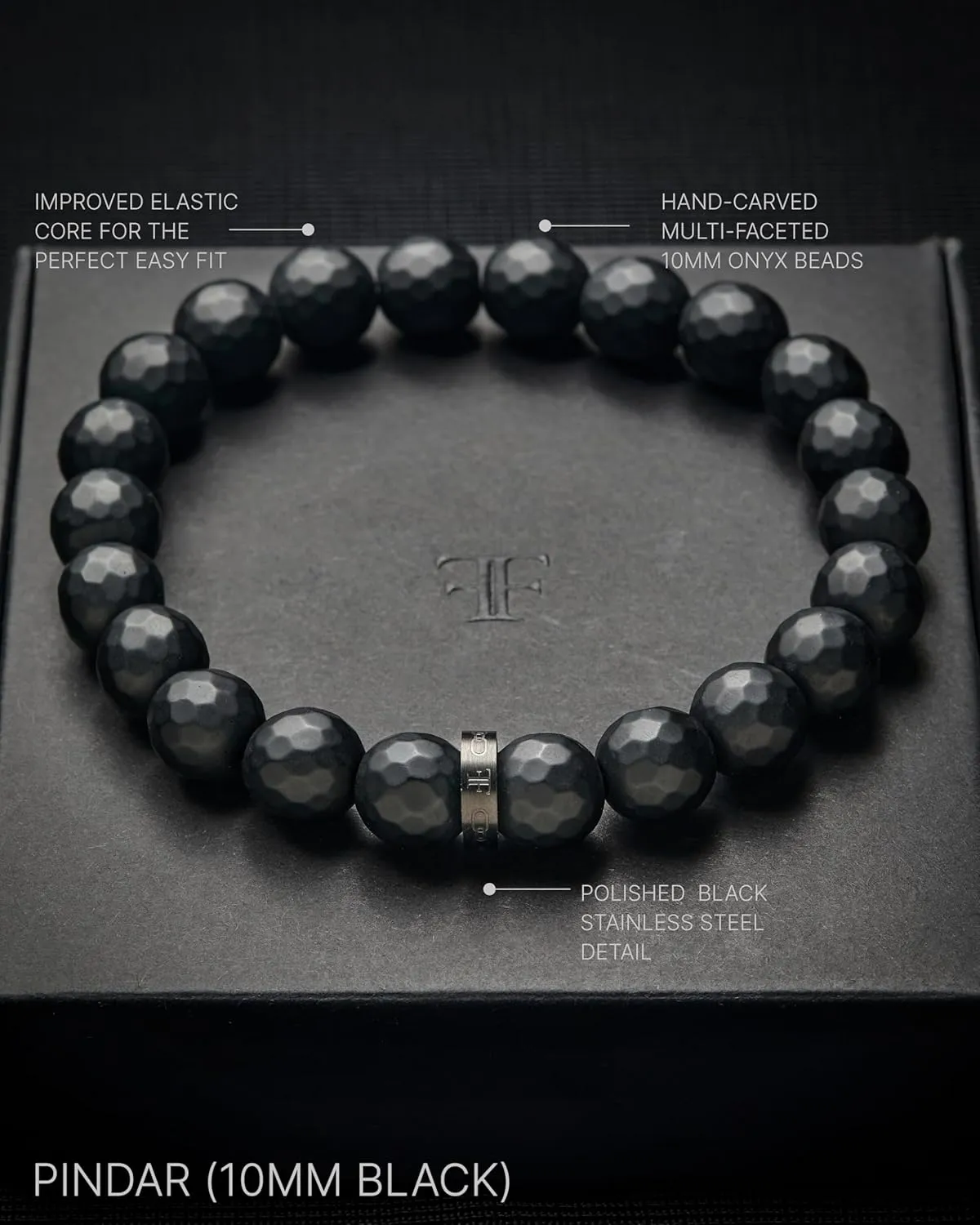 Forge & Foundry Faceted Matte Black Onyx Stone Beaded Bracelet | Custom Signature Stainless Steel Bead | Pindar | 8mm and 10mm Bead Desgins | Refined Hand-Crafted Jewelry