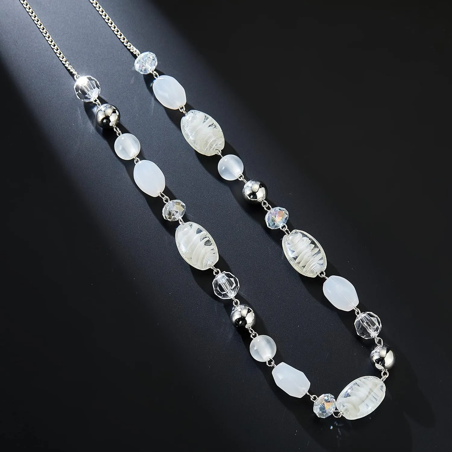 FULU AUTUMN Long Beaded Necklaces for Women Silver Link Chain Necklace with Shell Crystal Beads, Party Gifts for Her
