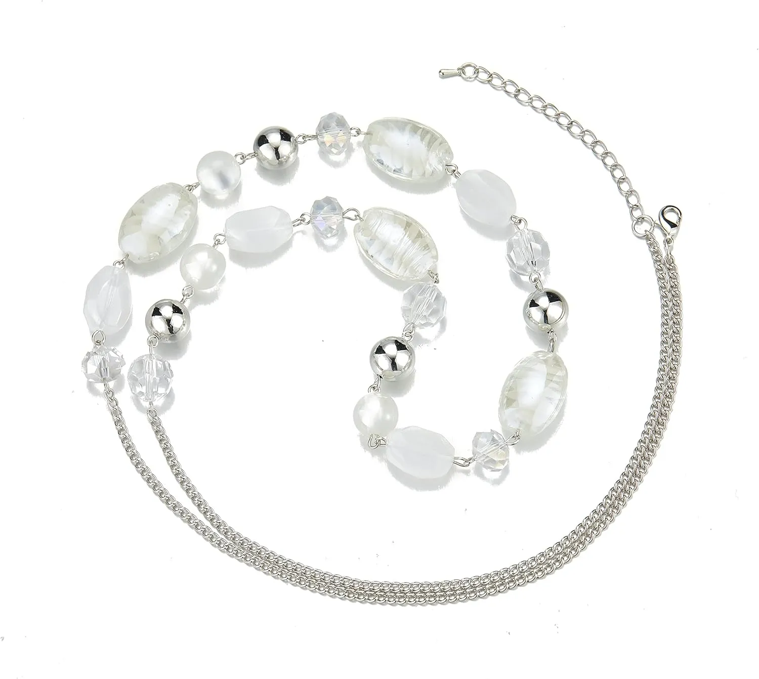 FULU AUTUMN Long Beaded Necklaces for Women Silver Link Chain Necklace with Shell Crystal Beads, Party Gifts for Her