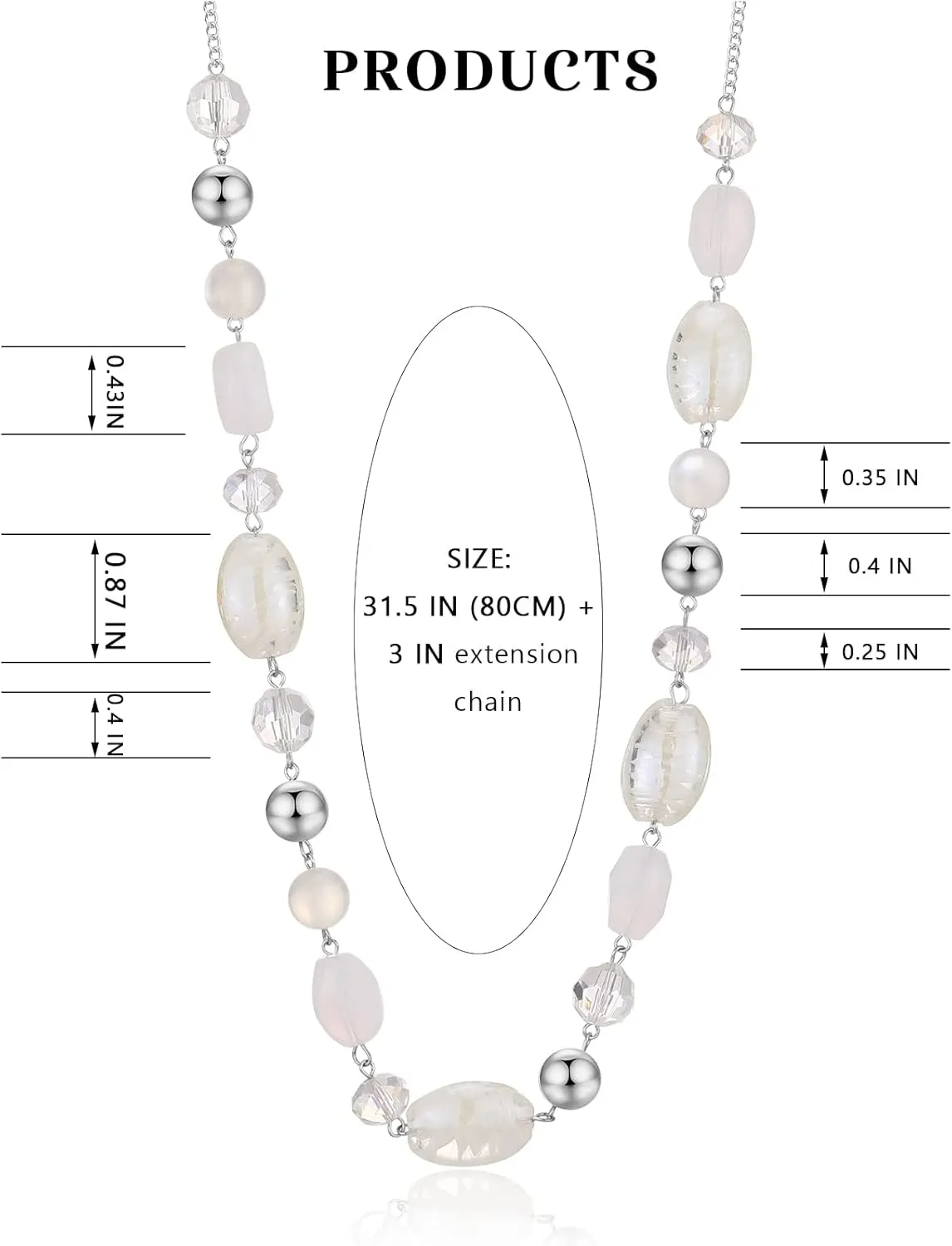 FULU AUTUMN Long Beaded Necklaces for Women Silver Link Chain Necklace with Shell Crystal Beads, Party Gifts for Her