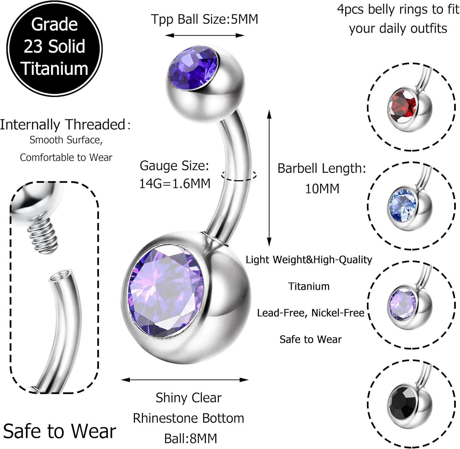 G23 Titanium Belly Button Rings 14G Internally Threaded Belly Ring Round Clear Belly Button Ring for Women Men 10 MM Colorful Grade 23 Titanium Belly Button Piercing Belly Jewelry Gift