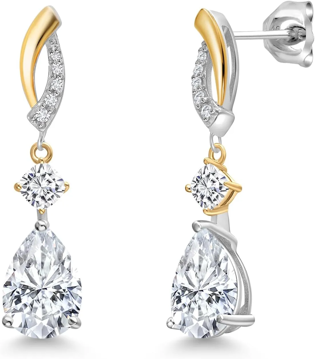 Gem Stone King 4.41 Cttw 925 Silver and 10K Yellow Gold White Moissanite and White Lab Grown Diamond Drop Dangle Earrings For Women | Pear Shape 10X7MM