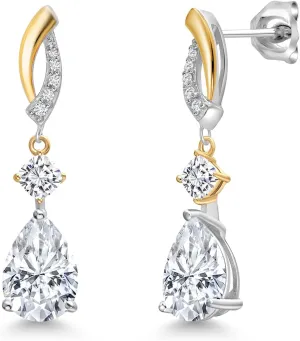 Gem Stone King 4.41 Cttw 925 Silver and 10K Yellow Gold White Moissanite and White Lab Grown Diamond Drop Dangle Earrings For Women | Pear Shape 10X7MM
