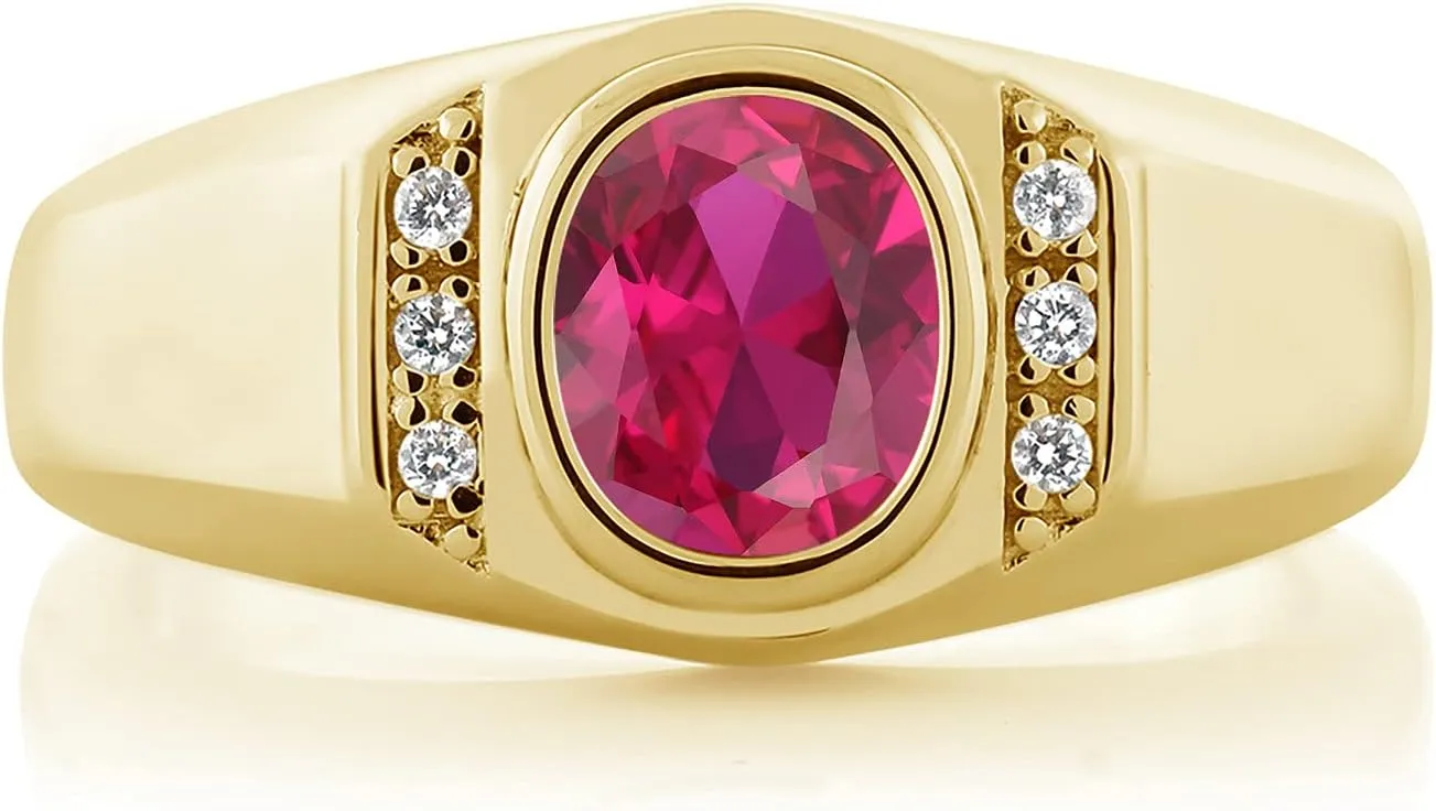 Gem Stone King Men's Gemstone Birthstone and White Created Sapphire Ring in 18K Yellow Gold Plated Silver | Oval Cut 8X6MM with Round 1.25MM Accents | Fine Jewelry For Men | Sizes 7-13