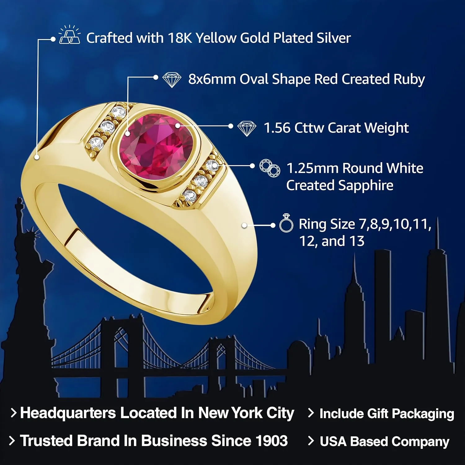 Gem Stone King Men's Gemstone Birthstone and White Created Sapphire Ring in 18K Yellow Gold Plated Silver | Oval Cut 8X6MM with Round 1.25MM Accents | Fine Jewelry For Men | Sizes 7-13