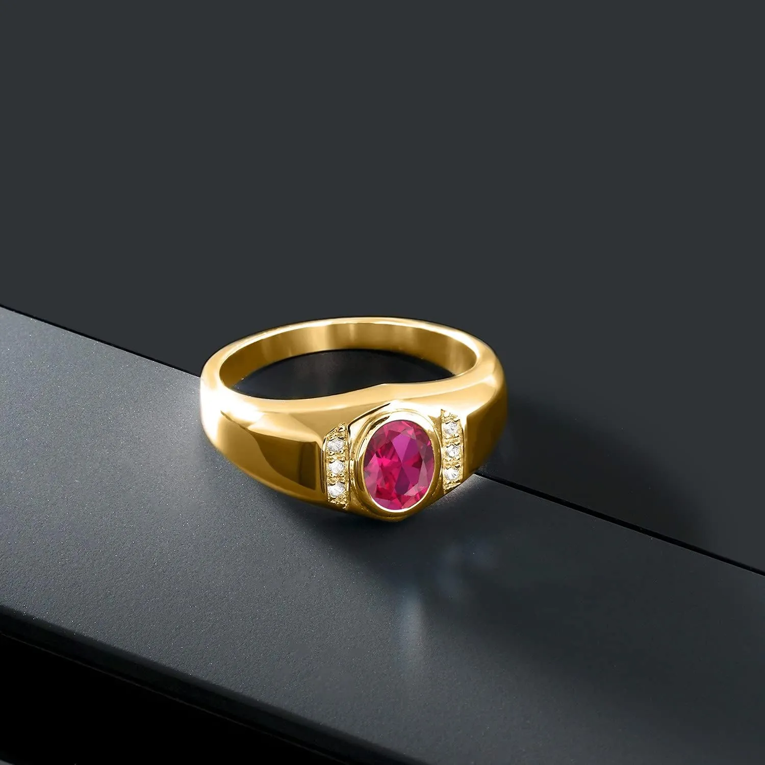 Gem Stone King Men's Gemstone Birthstone and White Created Sapphire Ring in 18K Yellow Gold Plated Silver | Oval Cut 8X6MM with Round 1.25MM Accents | Fine Jewelry For Men | Sizes 7-13